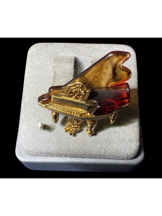 Avon Jewelry - Vintage Avon Grand Piano Lapel Pin Brown Lucite Gold Tone Setting 1996